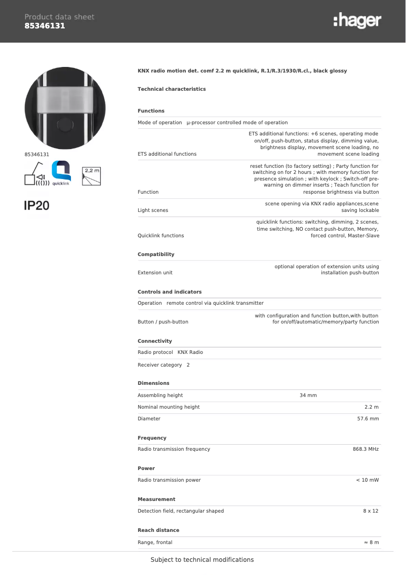 Page 1 de la notice Fiche technique Hager 85346131