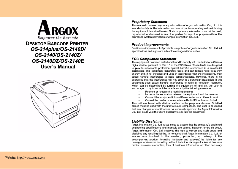 Page 1 of the manual User Manual Argox OS-214PLUS