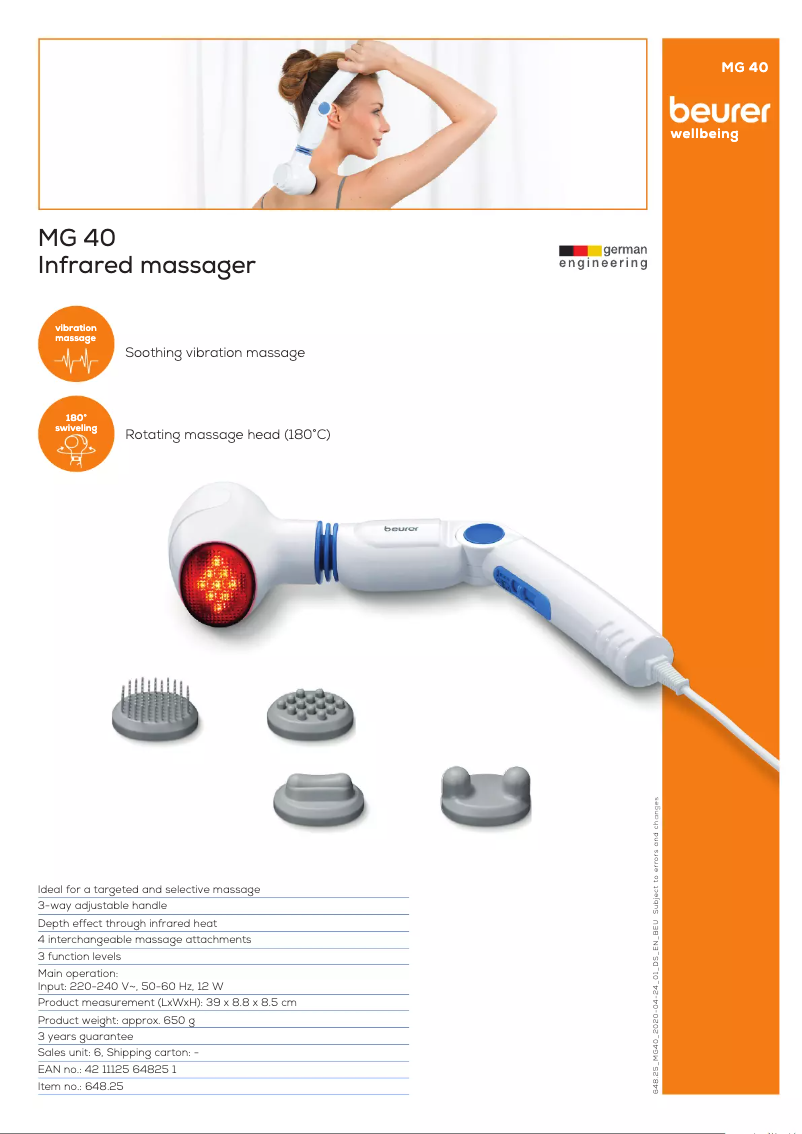 Page 1 de la notice Fiche technique Beurer MG 40
