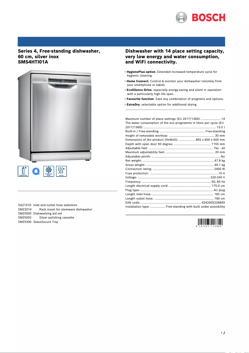 Page 1 of the manual Technical Sheet Bosch SMS4HTI01A
