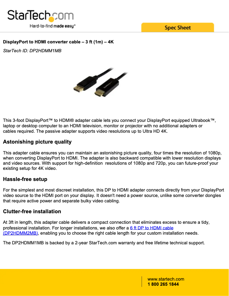 Page 1 de la notice Mode d'emploi StarTech.com DP2HDMM1MB