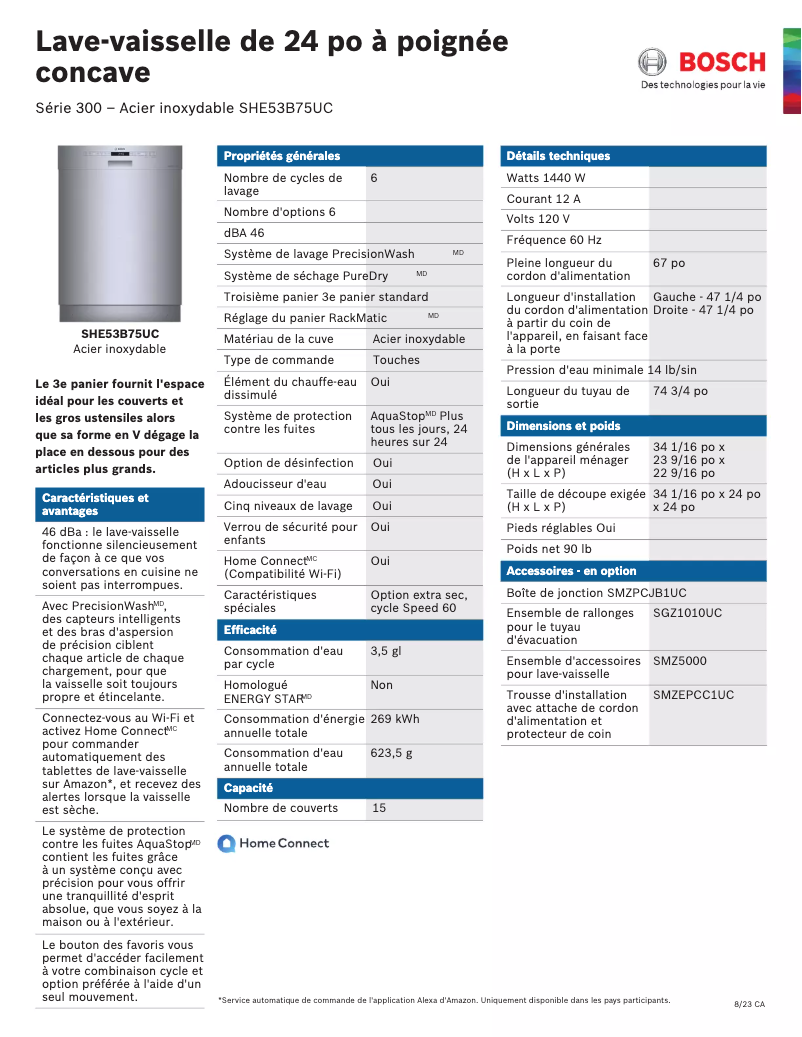 Page 1 of the manual Technical Sheet Bosch SHE53B75UC