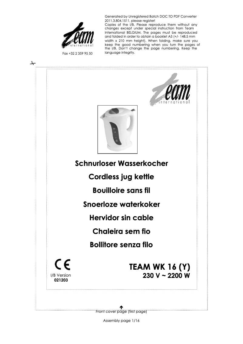 Page 1 de la notice Manuel utilisateur Team WK 16