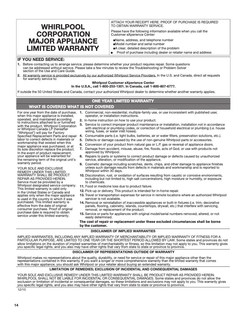 Page 1 de la notice Mode d'emploi Whirlpool WVW51UC6HV
