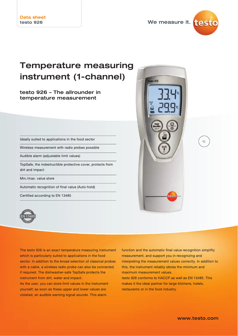 Page 1 of the manual Technical Sheet Testo 926