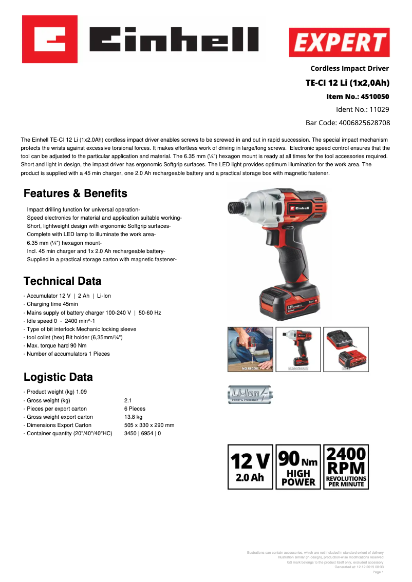 Página 1 del manual Ficha técnica Einhell TE-CI 12 Li