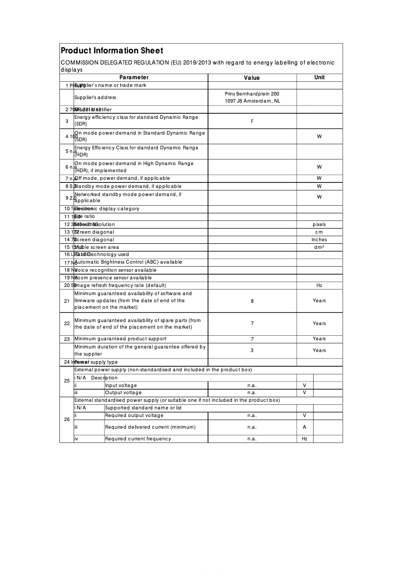 Page 1 of the manual Technical Sheet Philips 70BFL2214
