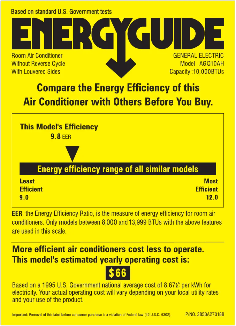 Página 1 del manual Etiqueta energética GE AGQ10AH