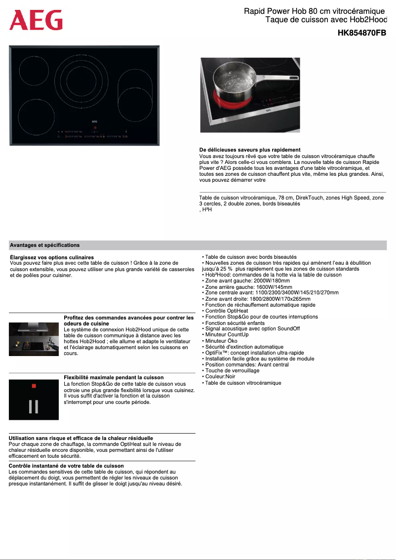 Page 1 de la notice Fiche technique AEG HK854870FB