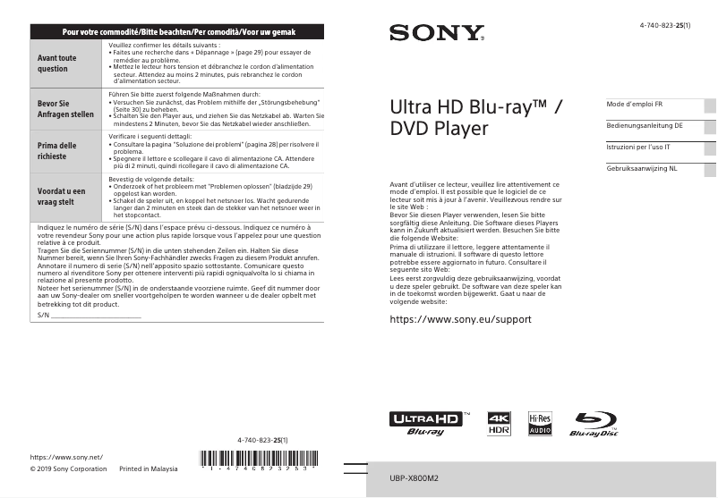 Page 1 de la notice Manuel utilisateur Sony UBP-X800