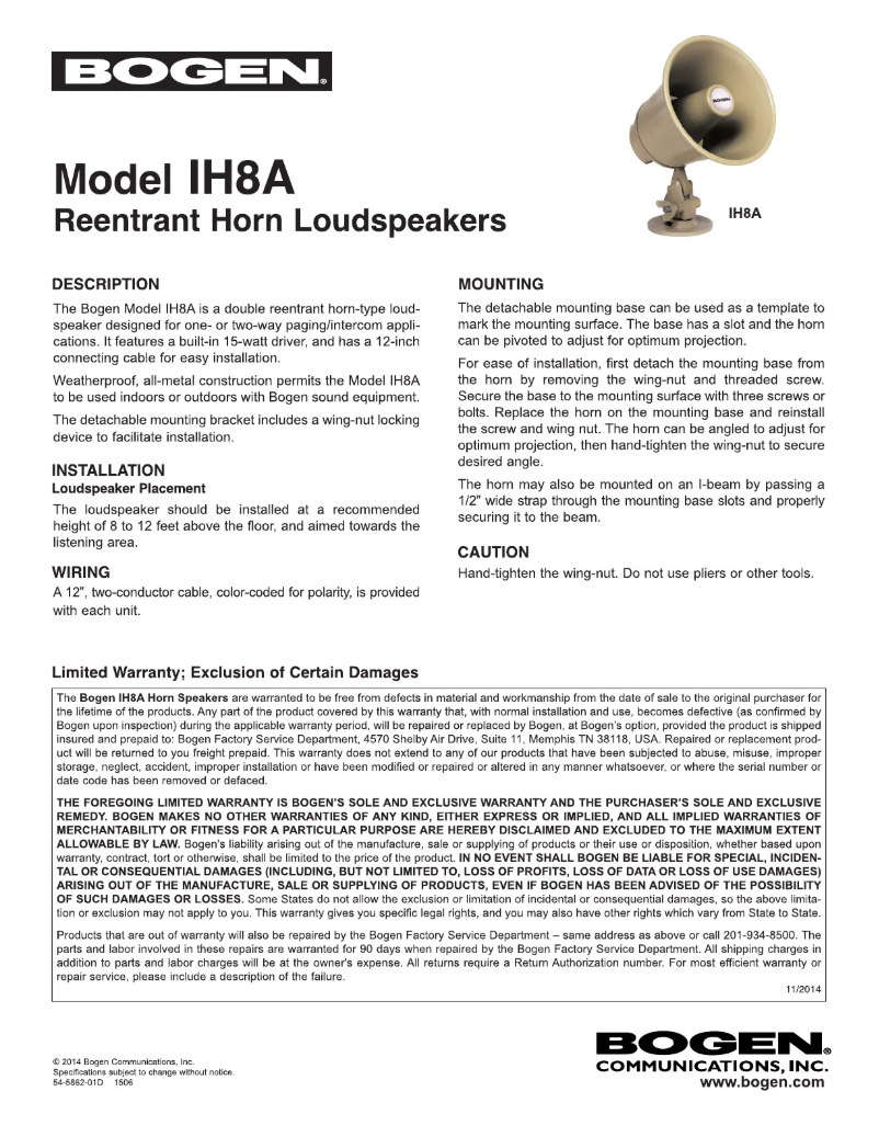 Page 1 de la notice Manuel utilisateur Bogen IH8A