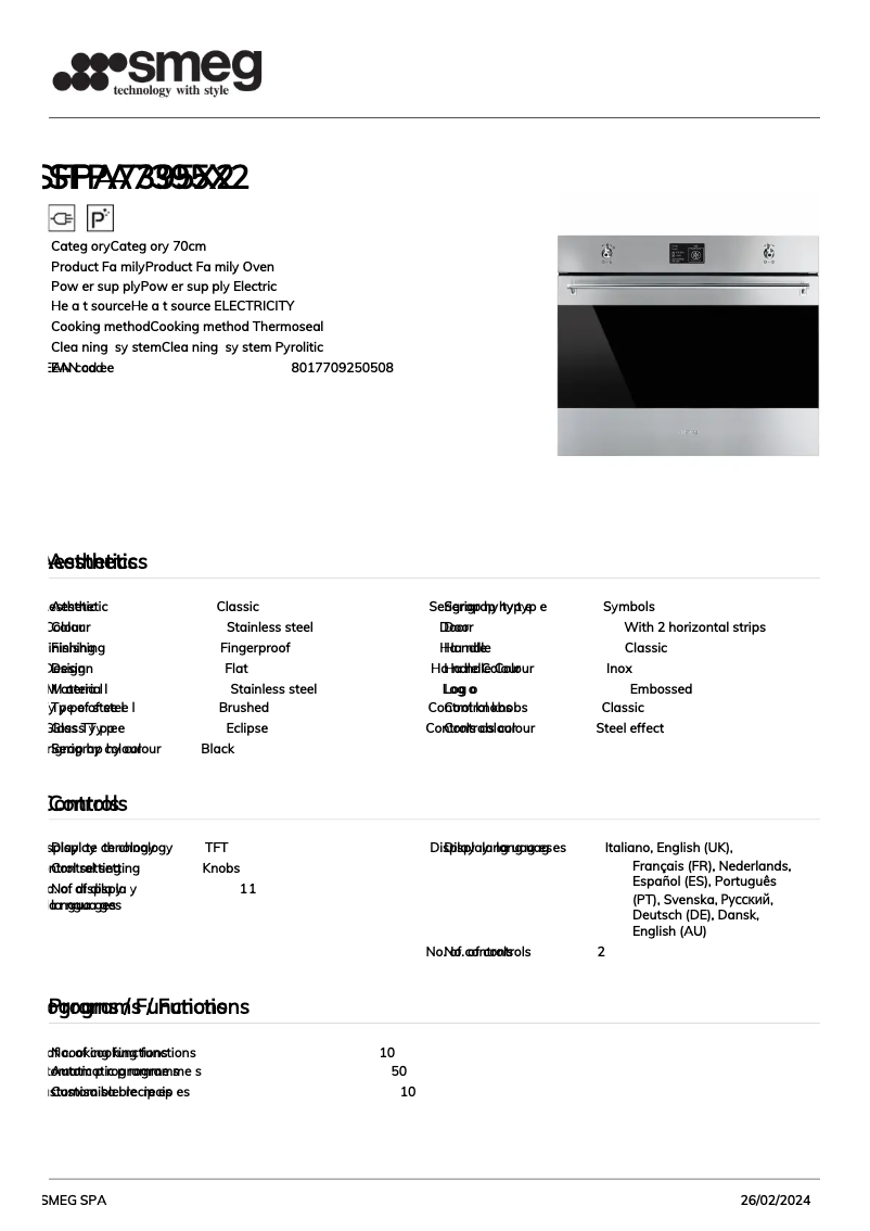 Page 1 de la notice Fiche technique Smeg SFPA7395X2