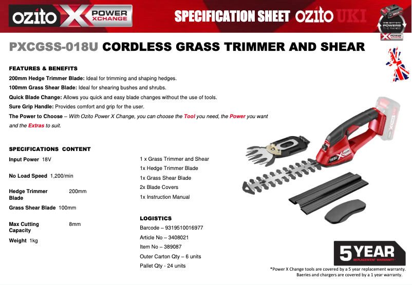 Page 1 de la notice Fiche technique Ozito PXCGSS-018U