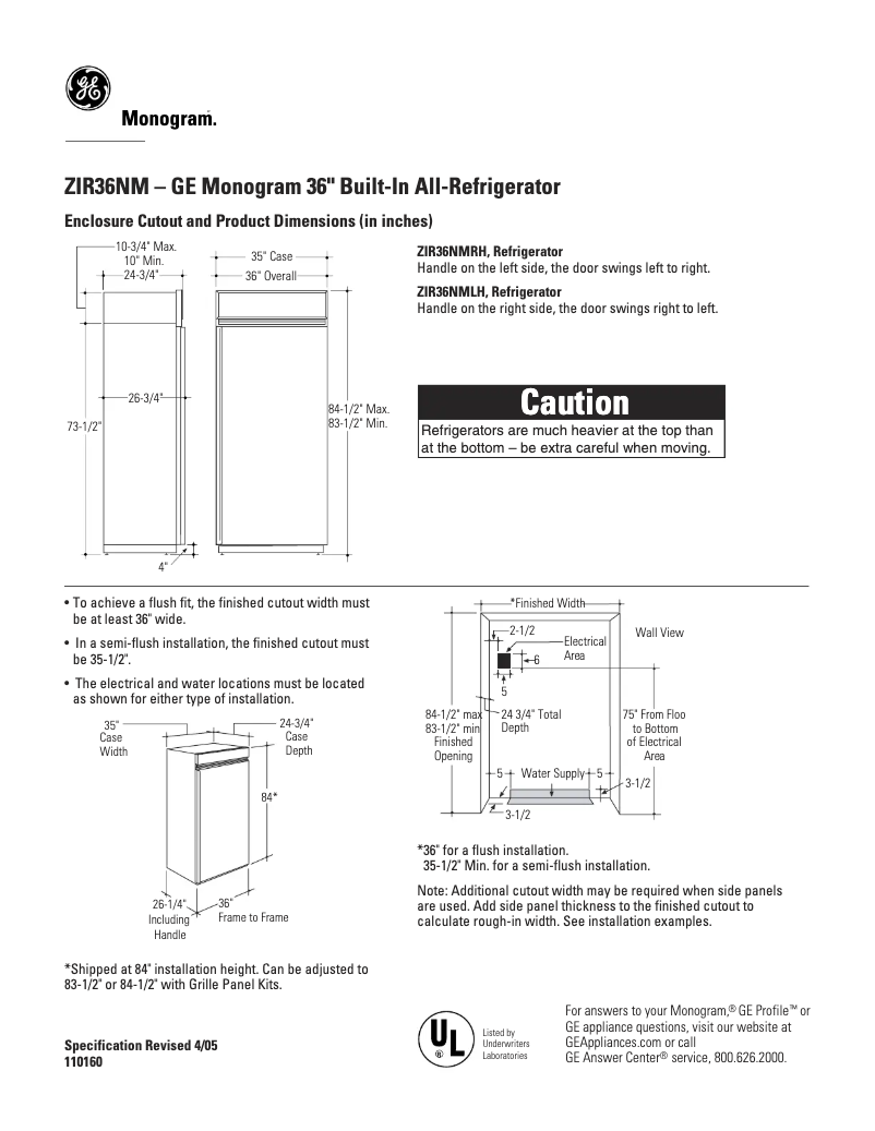 Page n°1 - Fiche technique GE ZIR36NMRH