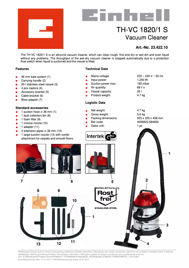 Page 1 de la notice Fiche technique Einhell TH-VC 1820-1 S