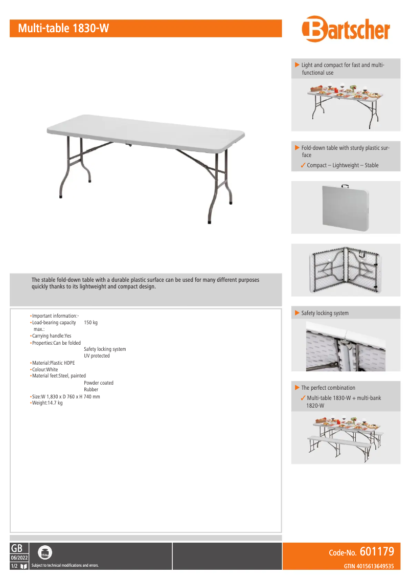 Page 1 de la notice Fiche technique Bartscher 1830-W