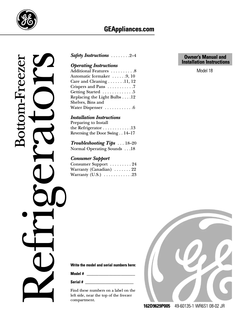 Page n°1 - Manuel d'utilisation et d'entretien GE GBS18HBMBB