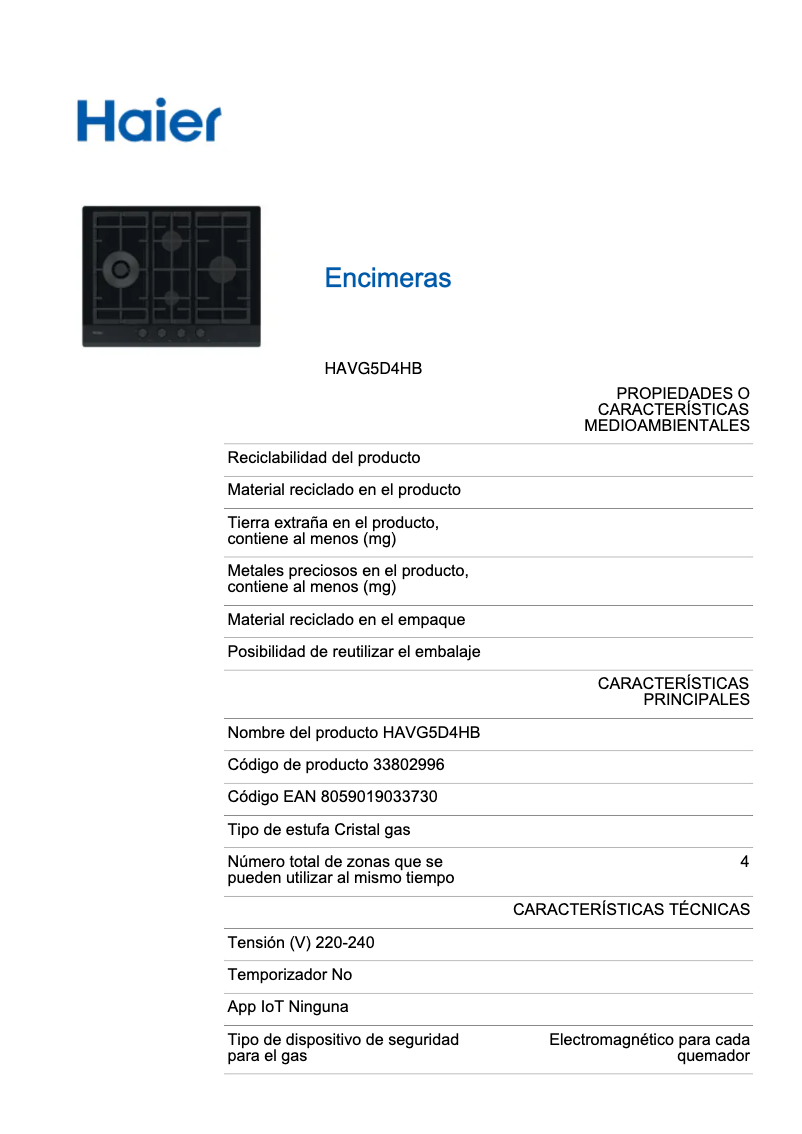 Page 1 de la notice Label énergétique Haier HAVG5D4HB