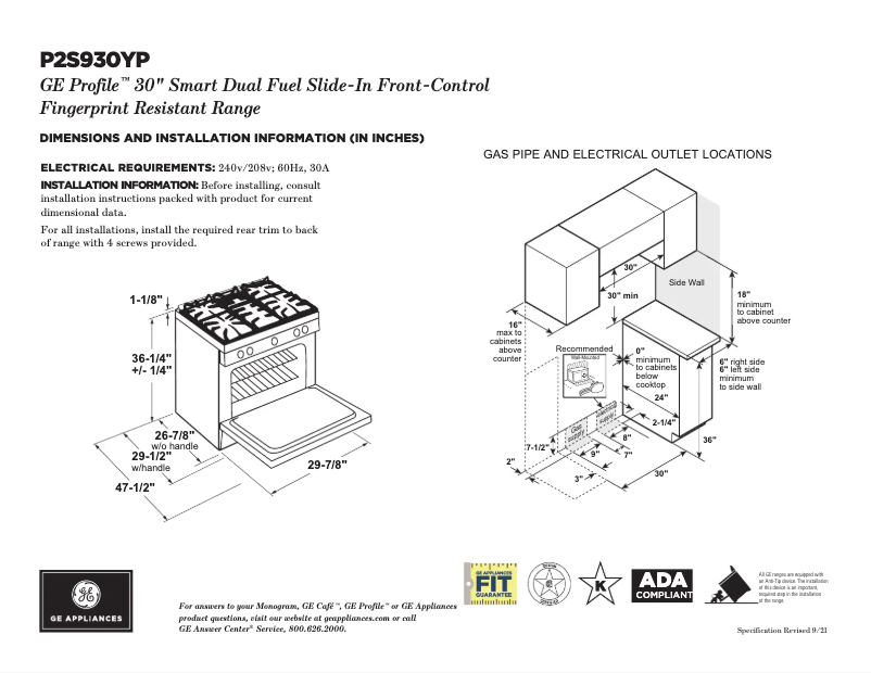 Page n°1 - Fiche technique GE Profile P2S930YPFS