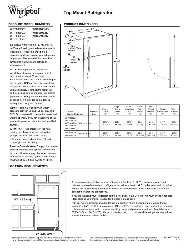 Page 1 de la notice Fiche technique Whirlpool WRT318FMD