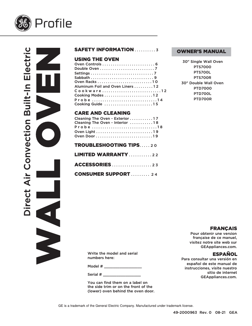 Page n°1 - Manuel utilisateur GE Profile PTS7000FNDS