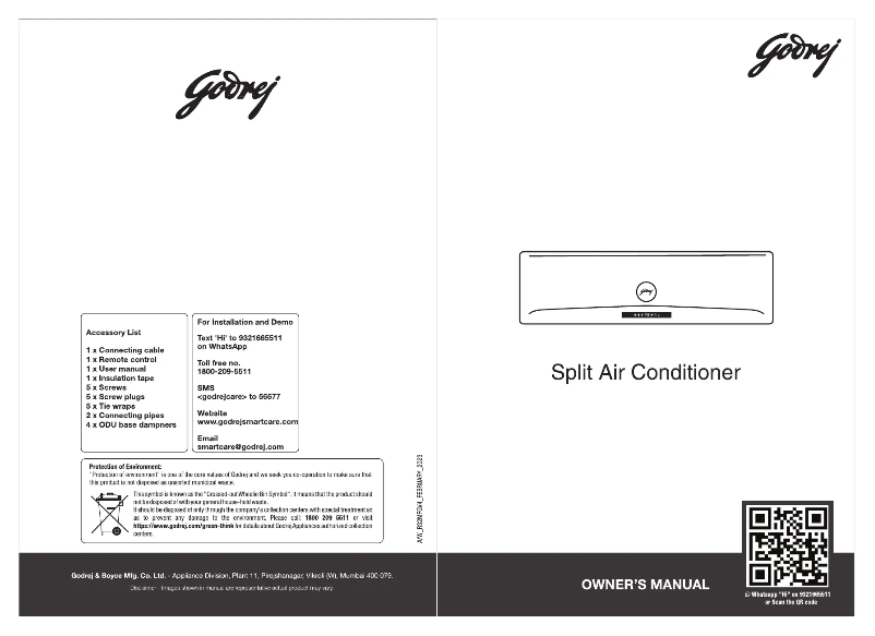 Page 1 de la notice Manuel utilisateur Godrej Split Air Conditioner