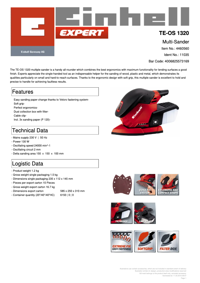 Page 1 de la notice Fiche technique Einhell TE-OS 1320