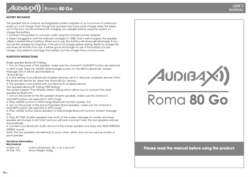 Page 1 de la notice Manuel utilisateur Audibax Roma 80 Go