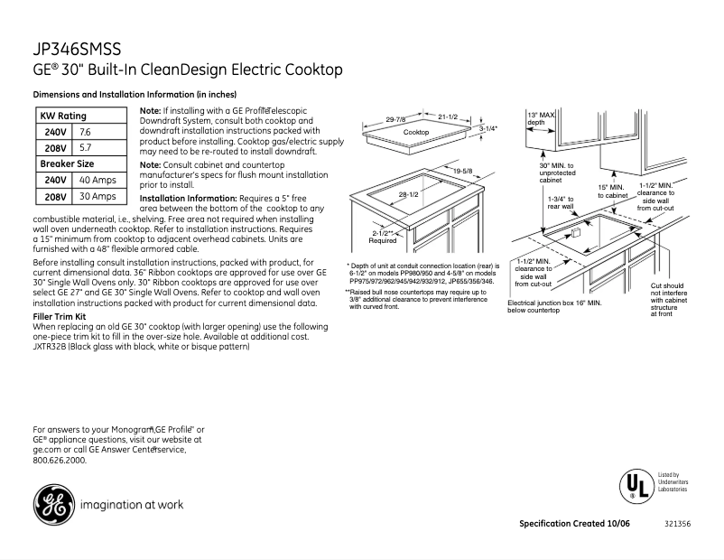 Página 1 del manual Ficha técnica GE JP346SMSS