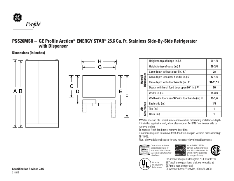 Página 1 del manual Ficha técnica GE PSS26MSRSS