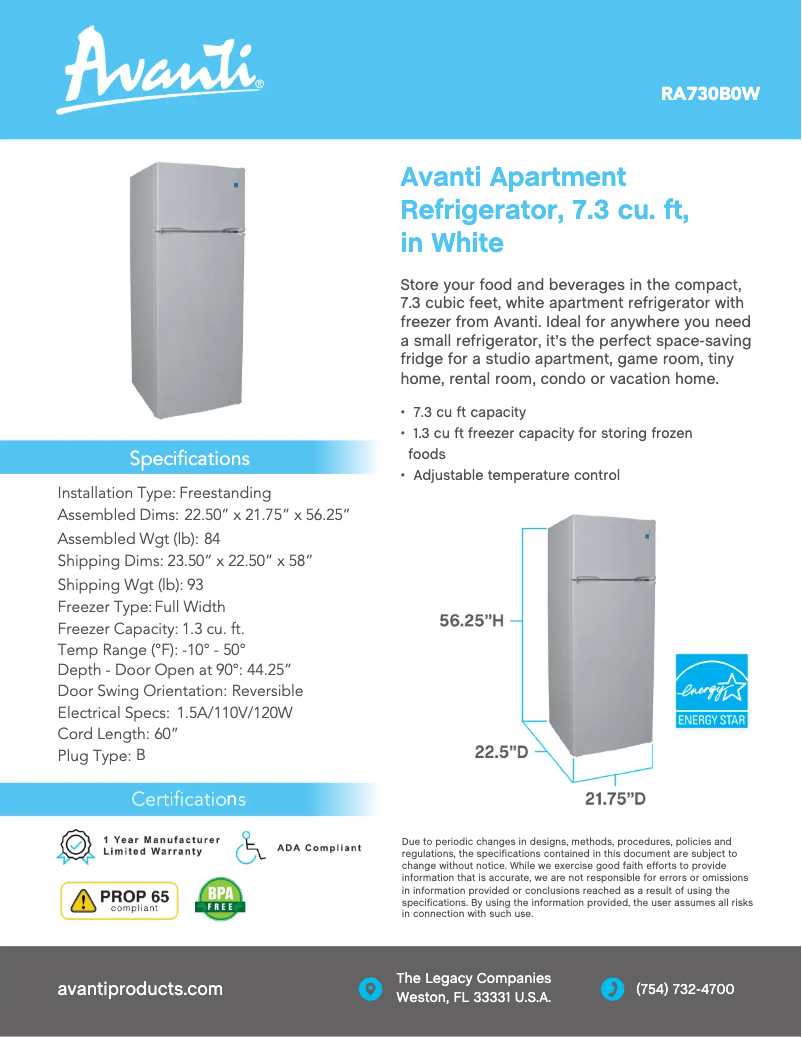 Page 1 de la notice Fiche technique Avanti RA730B0W