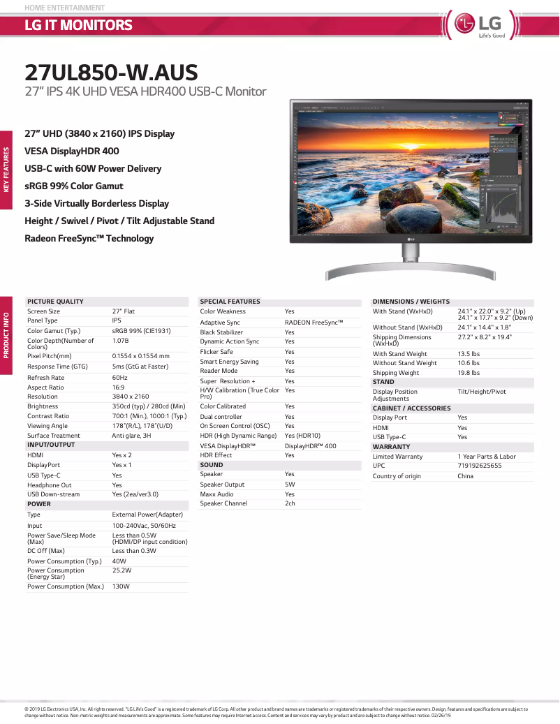 Page 1 of the manual Technical Sheet LG 27UL850-W