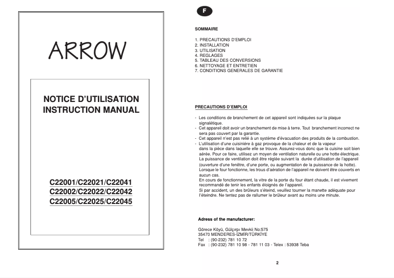 Page 1 de la notice Manuel utilisateur Arrow C22035