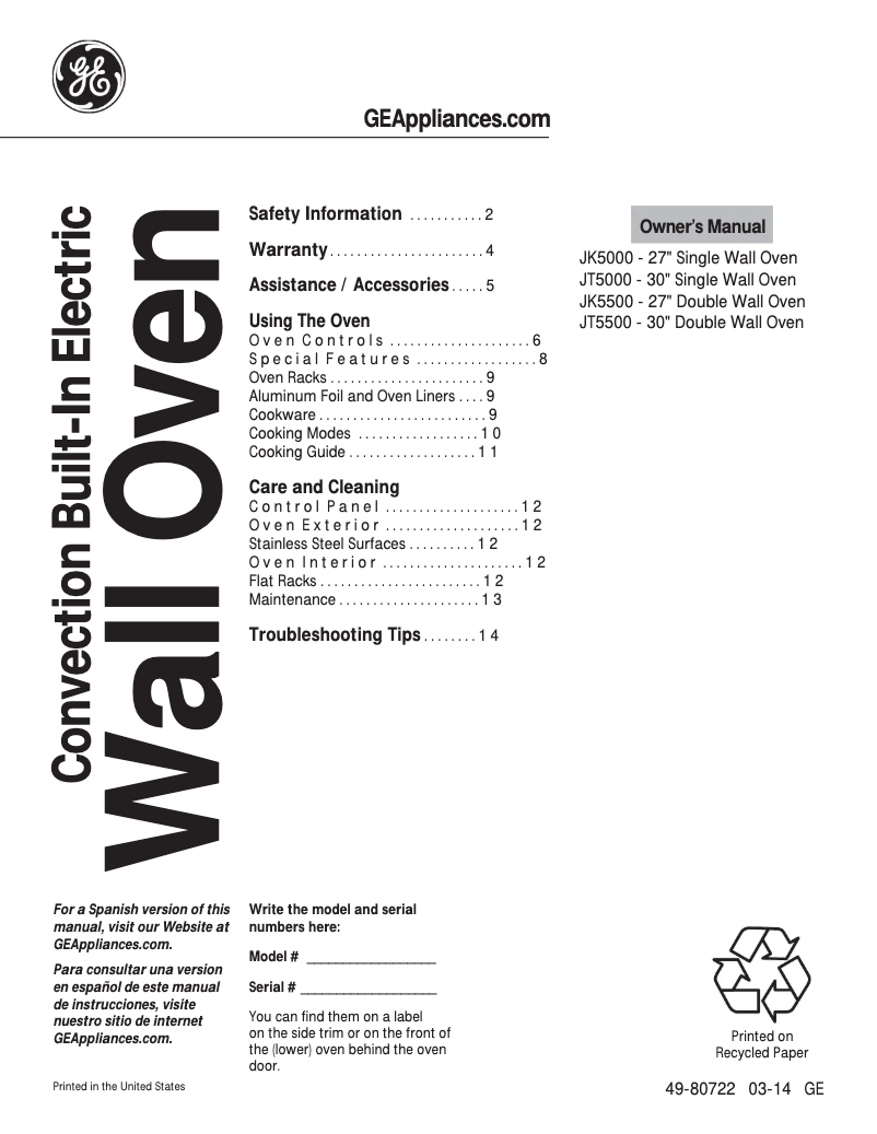 Página 1 del manual Manual de uso y mantenimiento GE JT5500BLTS