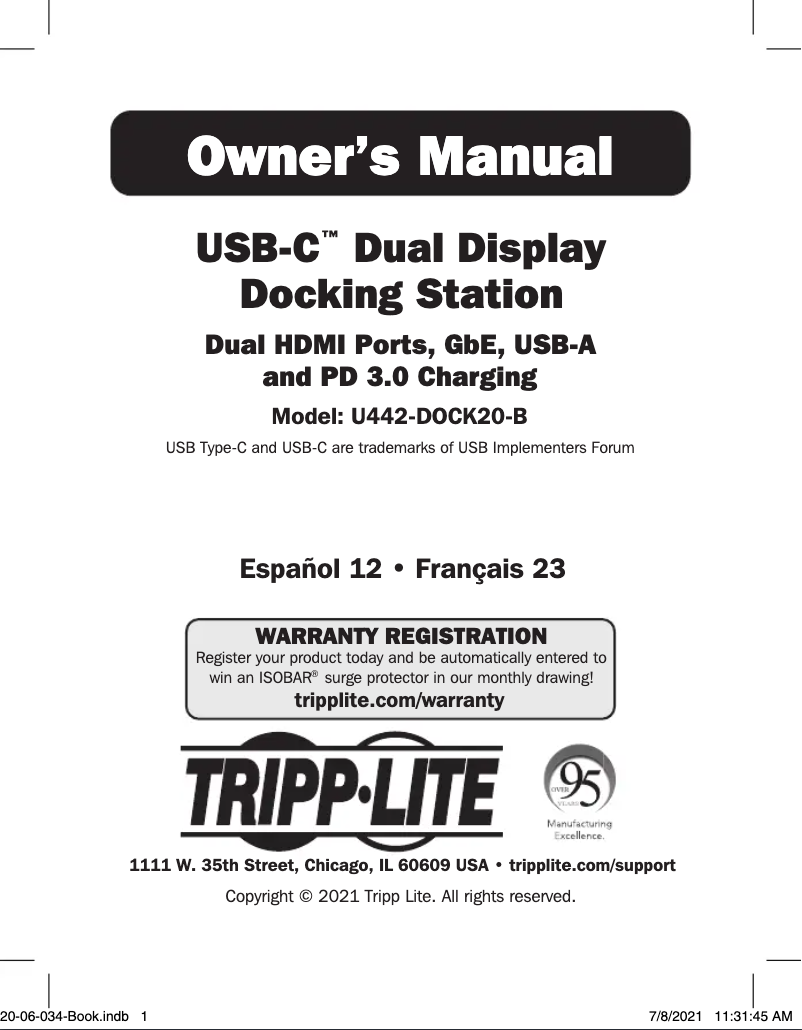 Page 1 de la notice Manuel utilisateur Tripp Lite U442-DOCK20-B
