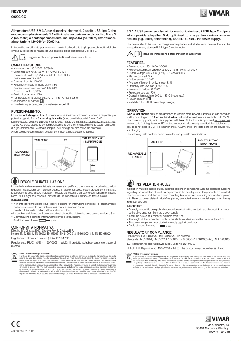 Page 1 de la notice Manuel utilisateur Vimar 09292.CC.CM