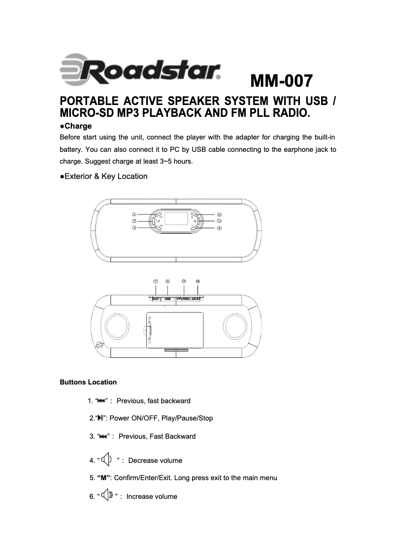 Page 1 of the manual User Manual Roadstar MM-007N/BL