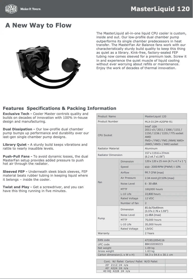 Page 1 de la notice Fiche technique Cooler Master MasterLiquid 120