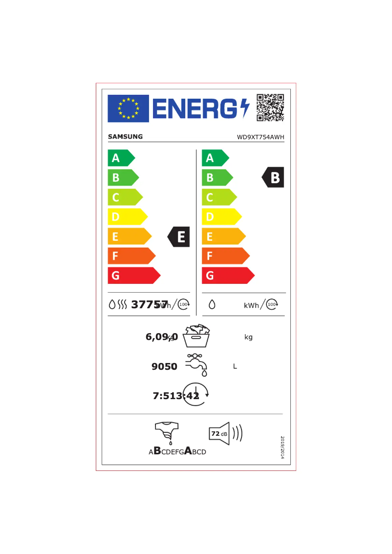 Página 1 del manual Etiqueta energética Samsung WD9XT754AWH