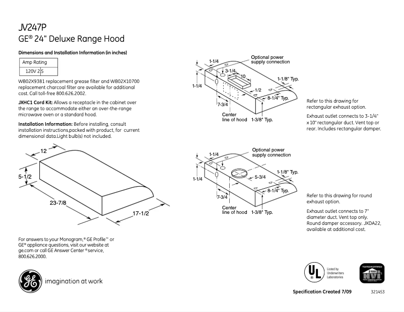 Página 1 del manual Ficha técnica GE JV247PWW