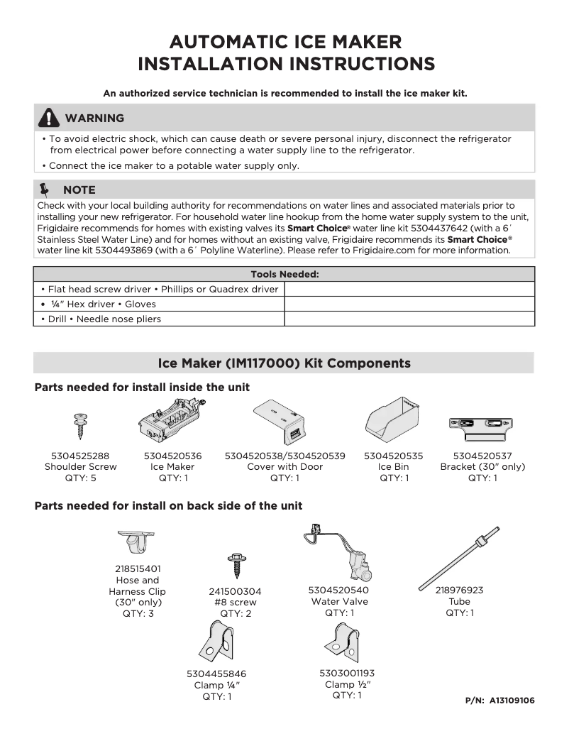 Page 1 de la notice Guide d'installation Frigidaire FFTR1820VS