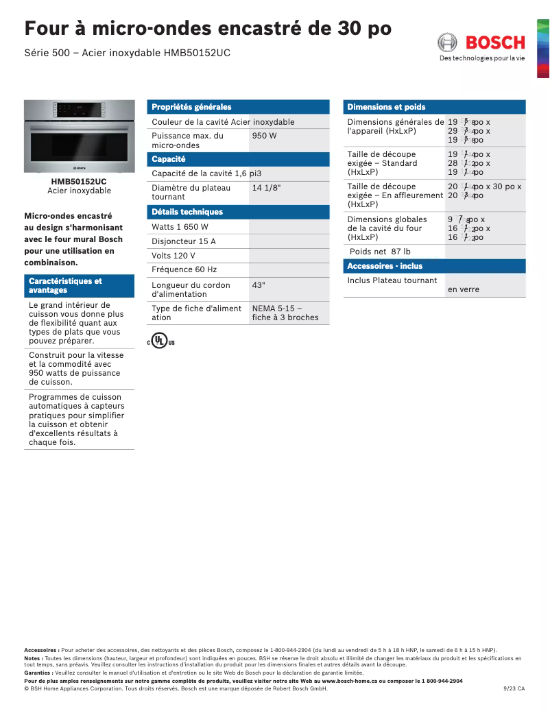 Page 1 of the manual Technical Sheet Bosch HMB50152UC