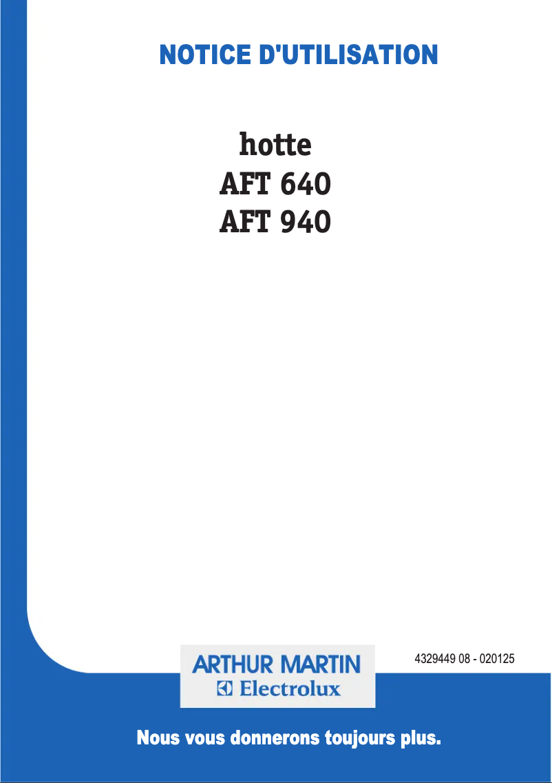 Page 1 de la notice Manuel utilisateur Arthur Martin-Electrolux AFT940W