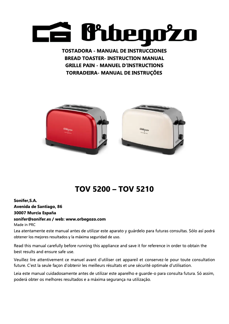 Page 1 de la notice Manuel utilisateur Orbegozo TOV 5210