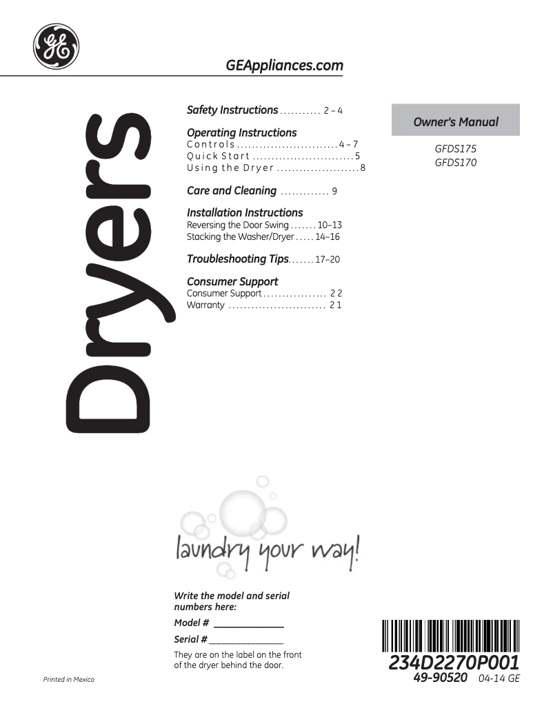 Página 1 del manual Manual de uso y mantenimiento GE GFDS170EHWW