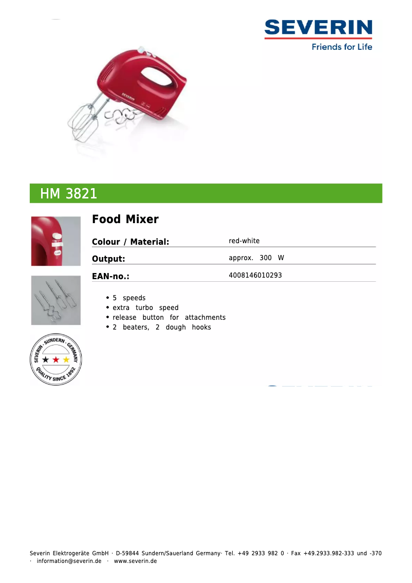 Page 1 de la notice Fiche technique Severin HM 3821