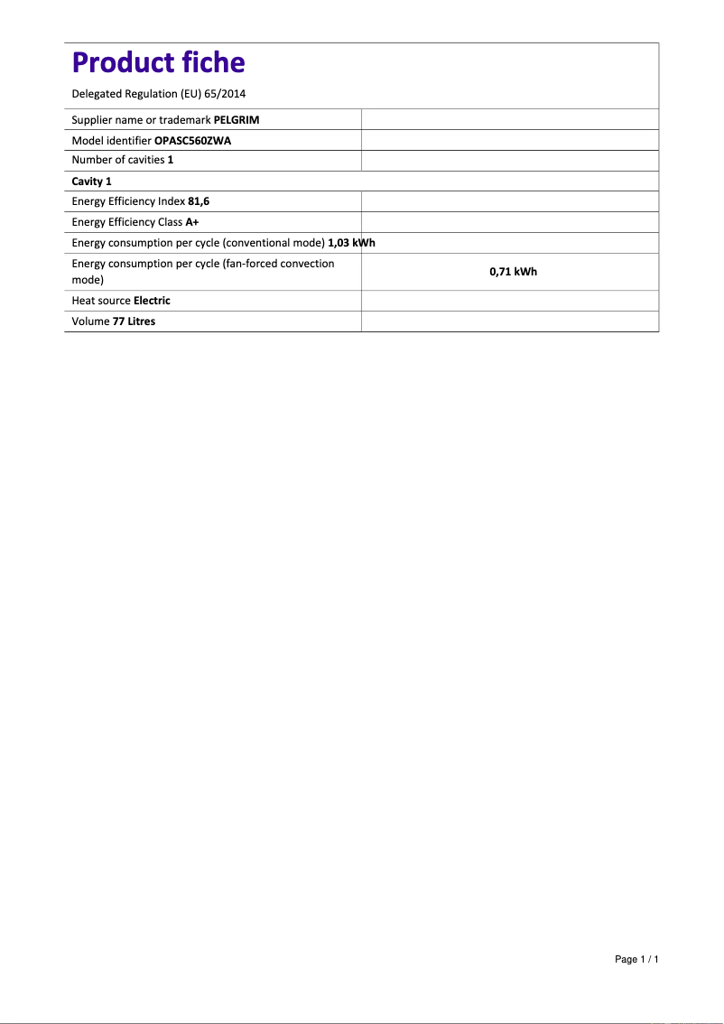 Page 1 de la notice Fiche technique Pelgrim OPASC560ZWA