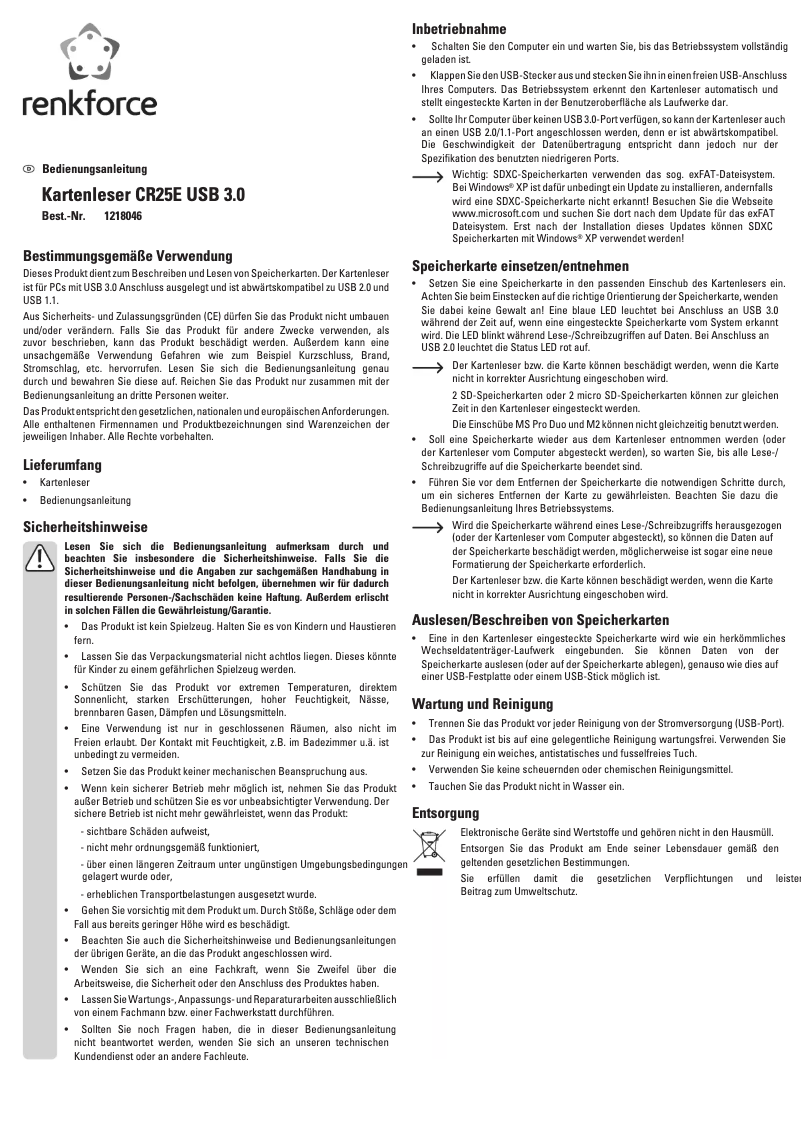 Page 1 de la notice Manuel utilisateur Renkforce CR25E 1218046