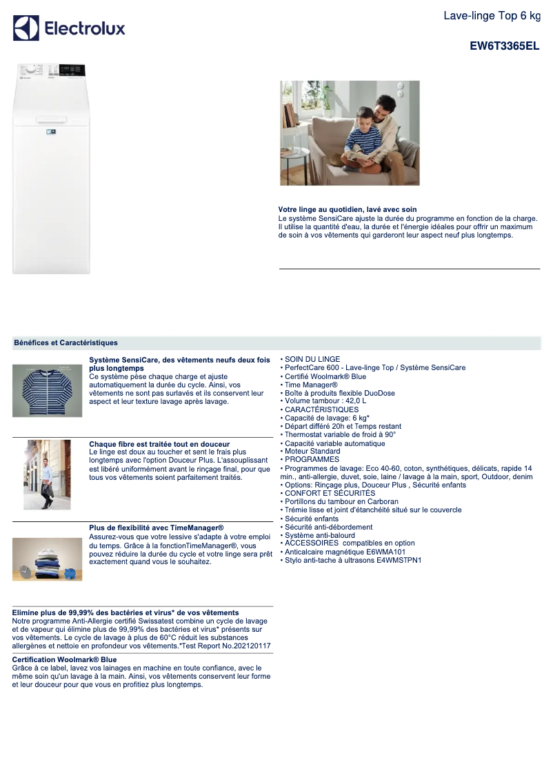 Page 1 de la notice Fiche technique Electrolux EW6T3365EL