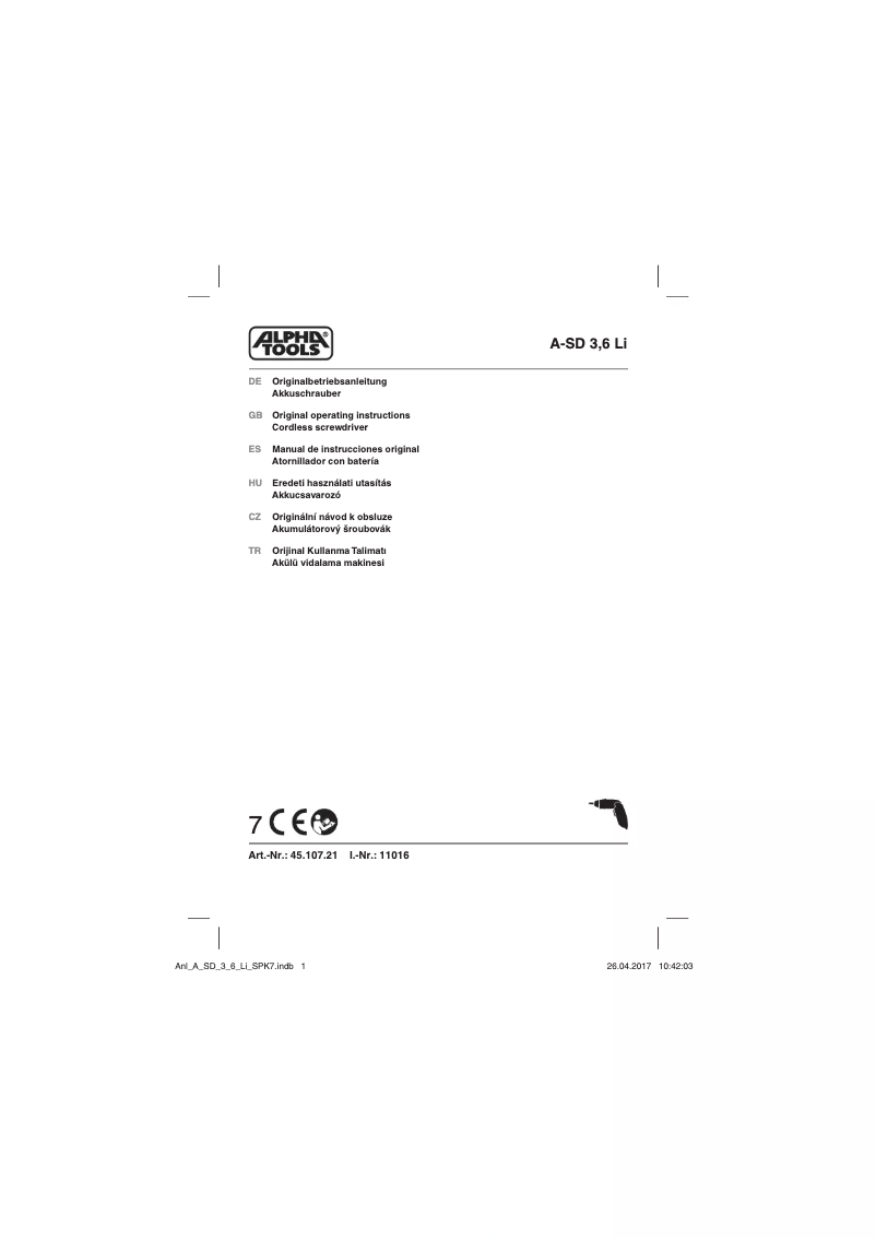 Page 1 de la notice Manuel utilisateur Alpha Tools A-SD 3,6 Li